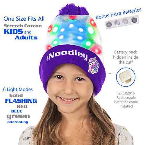 LED Light Up Glow Unicorn Beanie Hat with Pom Gifts for Girls Kids and Boys (One Size)