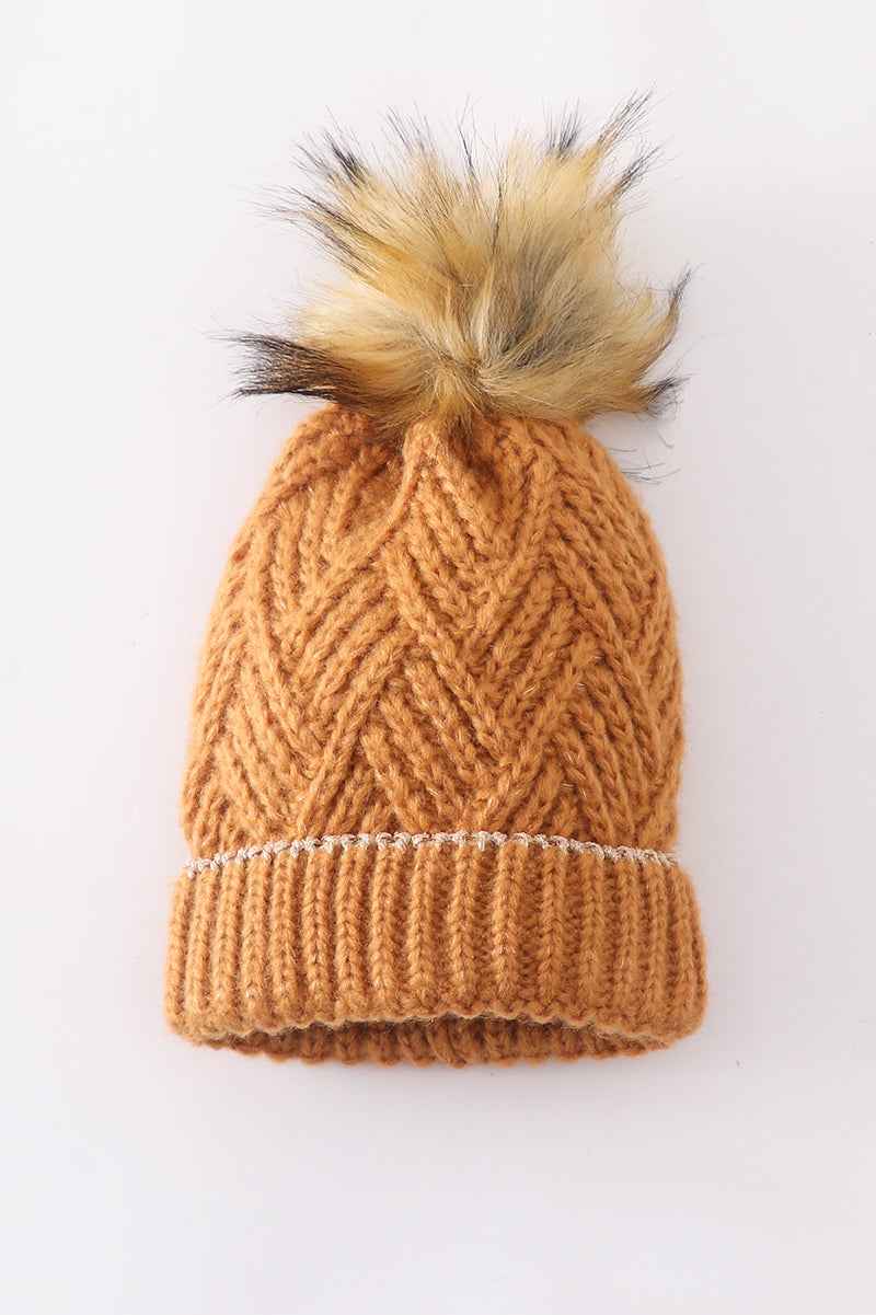 Camel cross cable knit pom pom beanie hat baby toddler adult