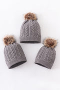 Grey cable knit pom pom beanie hat baby toddler adult