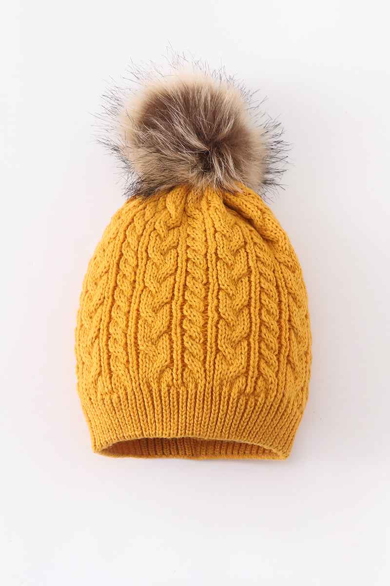 Mustard cable knit pom pom beanie hat baby toddler adult