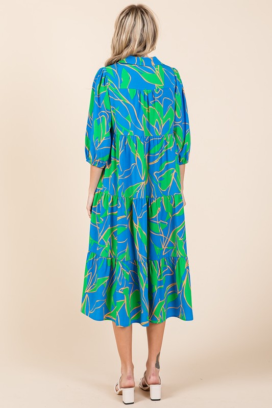 New Summer Tiered Printed Collared Neck Midi Dress – Chic and Sophisticated Midi Dress with Layered Design and Polished Collared Neckline