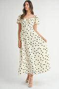 Polka Dot Puff Sleeve Midi Dress For Women – Vintage Fluttering Polka Dot Dress, Feminine Puff Sleeve Dress, Retro Midi Dress, Classic Chic Dress
