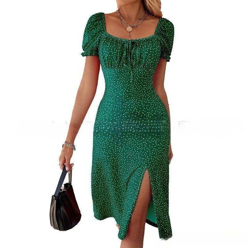 Women's Square Neck Short Sleeve Bodycon Polka Dot Bohemian Dress Vacation Beach Dress