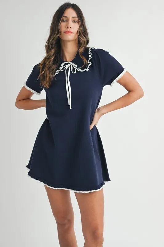 Ruffle Trimmed Collar Fine Knit Mini Dress For Women – Ruffle Mini Dress, Fine Knit Dress, Collar Dress, Feminine Mini Dress, Chic Knit Dress