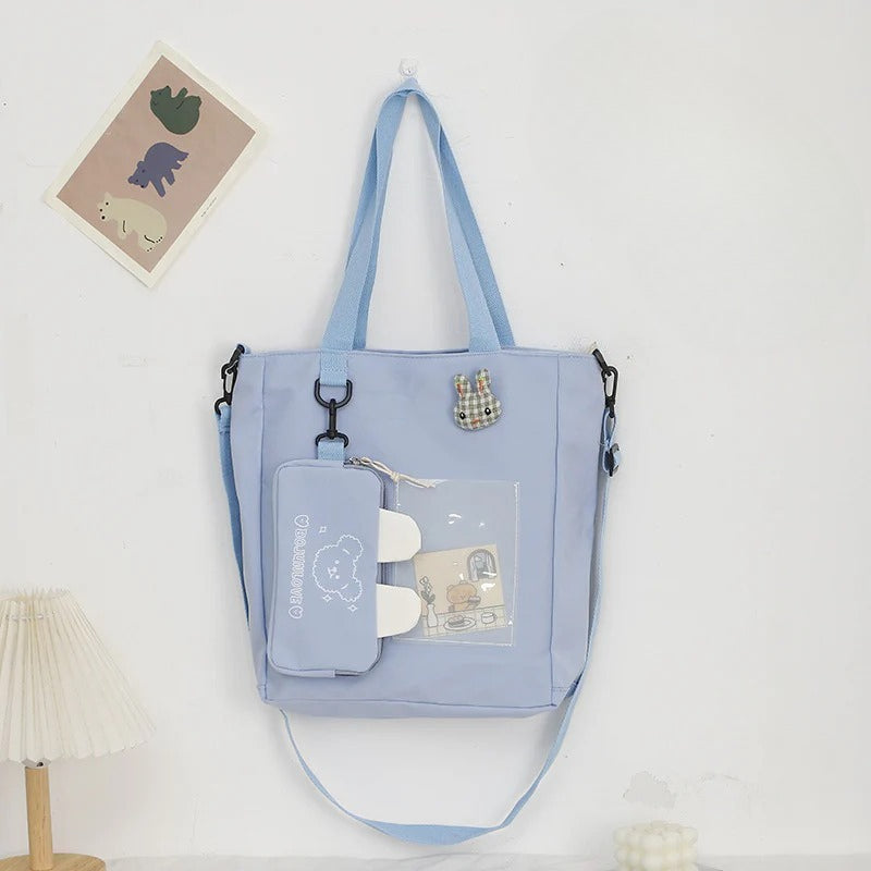 Cartoon canvas bag cute, bunny pendant tote bag, self-contained small bag student shoulder bag