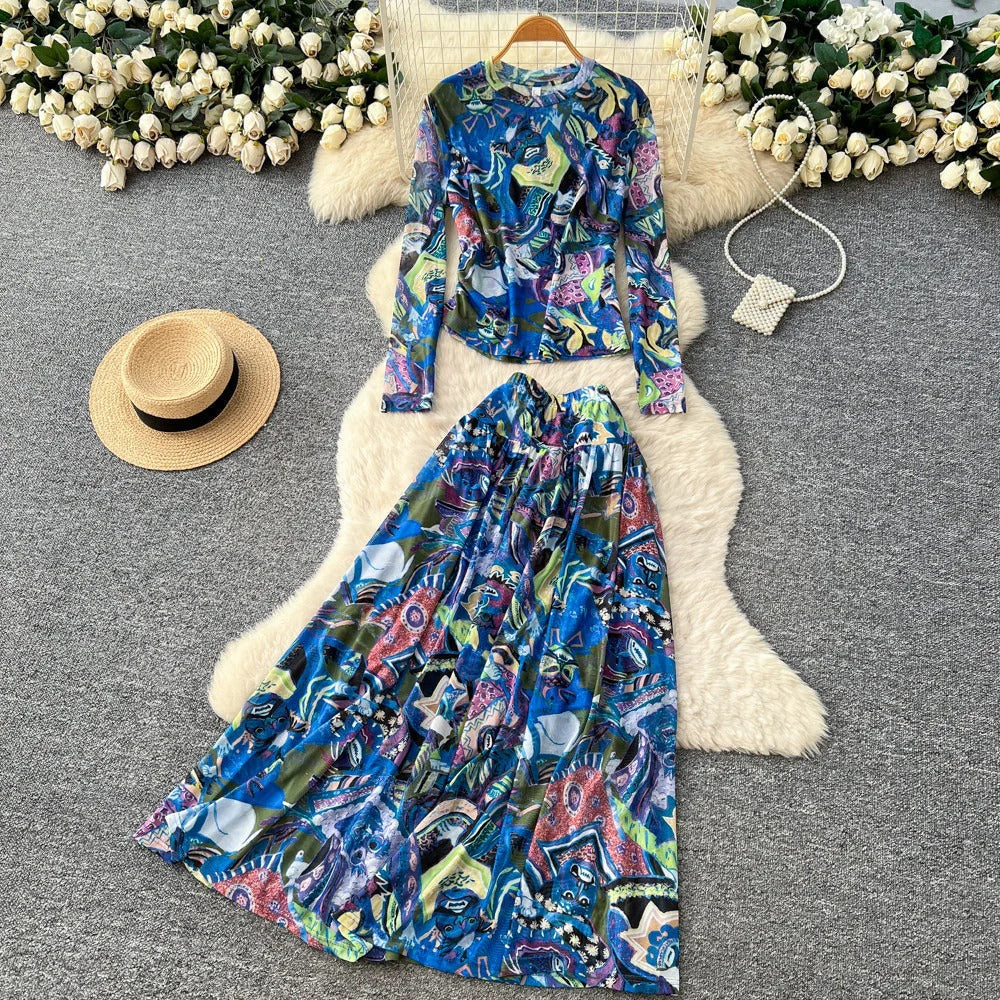 Women’s Printed Crewneck Long Sleeve Tee + High-Waist Flared Maxi Skirt Set – Casual Coord