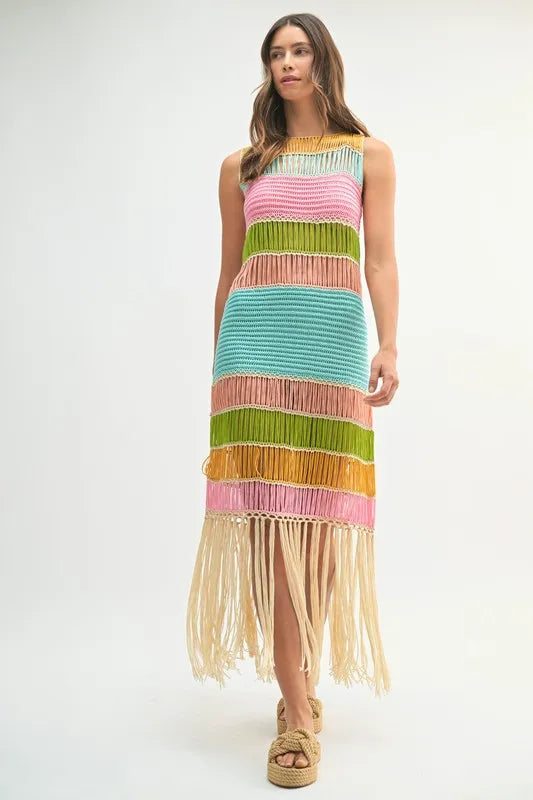 Multi Color Fringed Crochet Knit Dress For Women – Crochet Knit Dress, Fringed Dress, Multi-Color Dress, Bohemian Knit Dress, Festival Dress