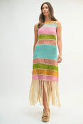 Multi Color Fringed Crochet Knit Dress For Women – Crochet Knit Dress, Fringed Dress, Multi-Color Dress, Bohemian Knit Dress, Festival Dress