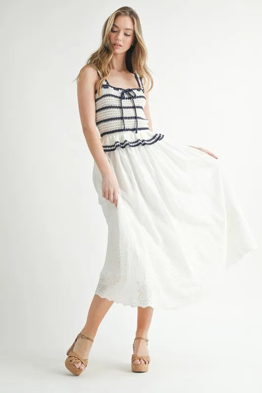 Crochet Stripe Knit Eyelet Mix Midi Dress – Crochet Midi Dress, Stripe Knit Dress, Eyelet Mix Dress, Trendy Midi Dress, Versatile Midi Dress