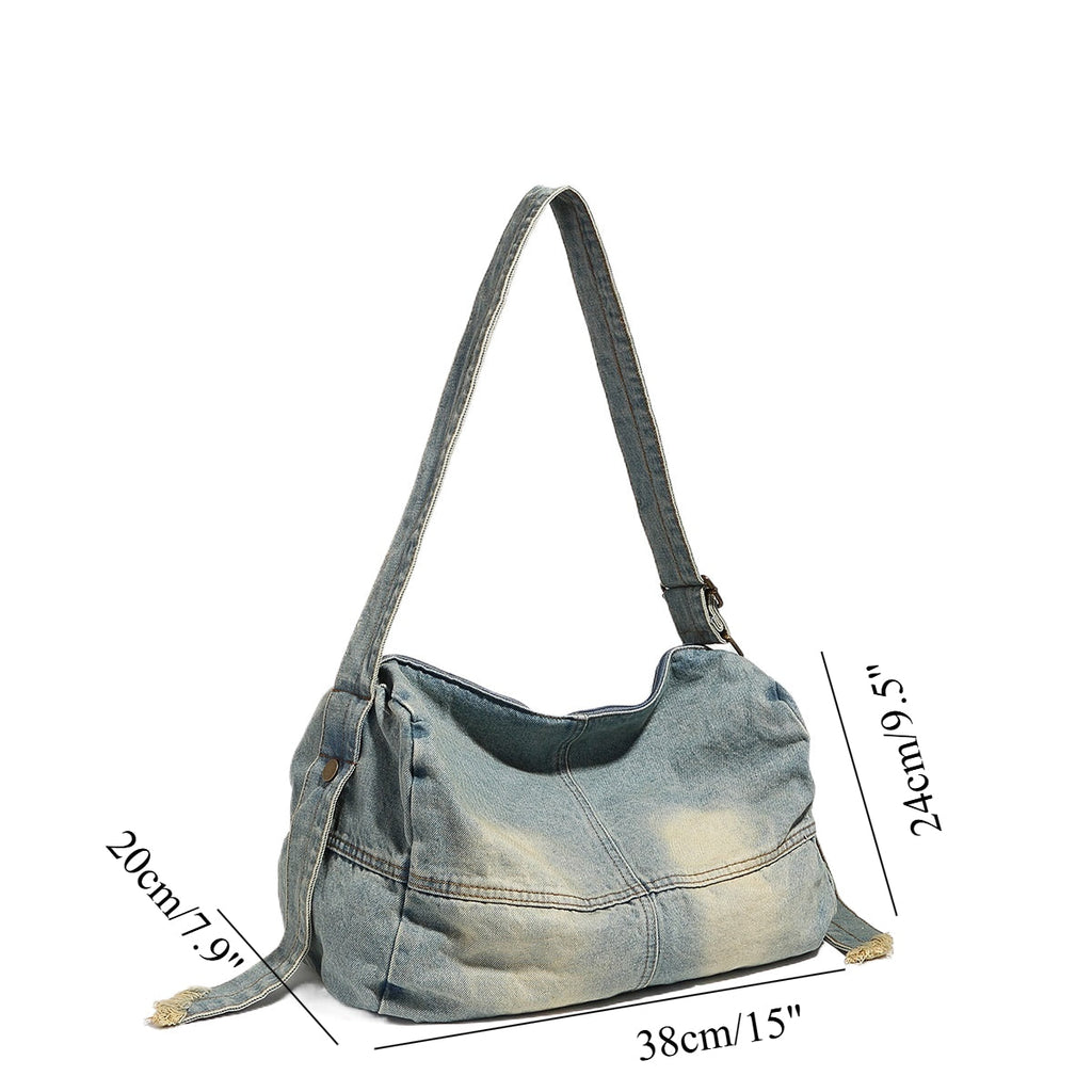Washed old denim hobo bag, large capacity hobo shoulder bag, sweet cool babes shoulder Retro denim shoulder bag