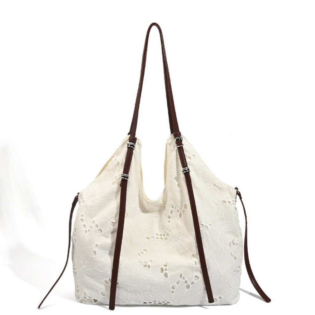 White large capacity hobo purse, embroidered shoulder bag, tote bag, commuter shoulder bag