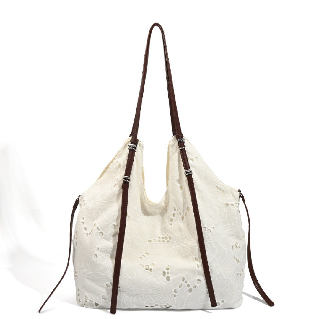 White large capacity hobo purse, embroidered shoulder bag, tote bag, commuter shoulder bag