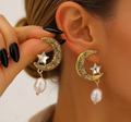 French Vintage Moon & Star Pearl Drop Earrings