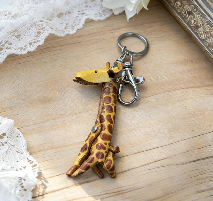 Cute Giraffe Genuine Leather Keychain
