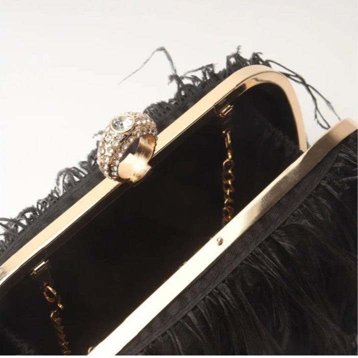 Elegant Ostrich Hair Ring Box – Small Square Bag with Chain Crossbody Shoulder Velvet Evening Clutch Purse