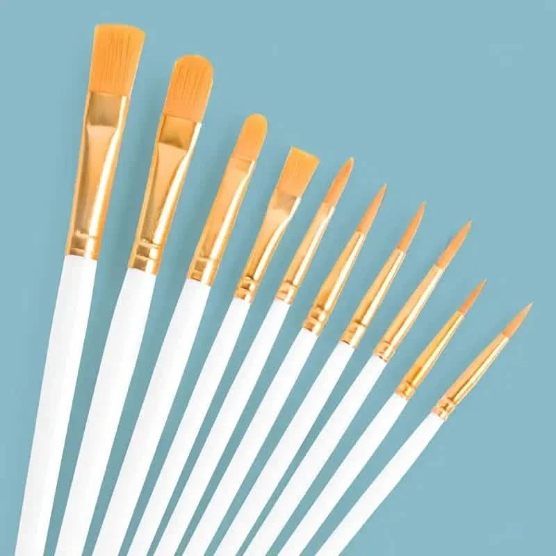 10-Pieces: Artist Paintbrush Nylon Round Pointed Flat Head Set