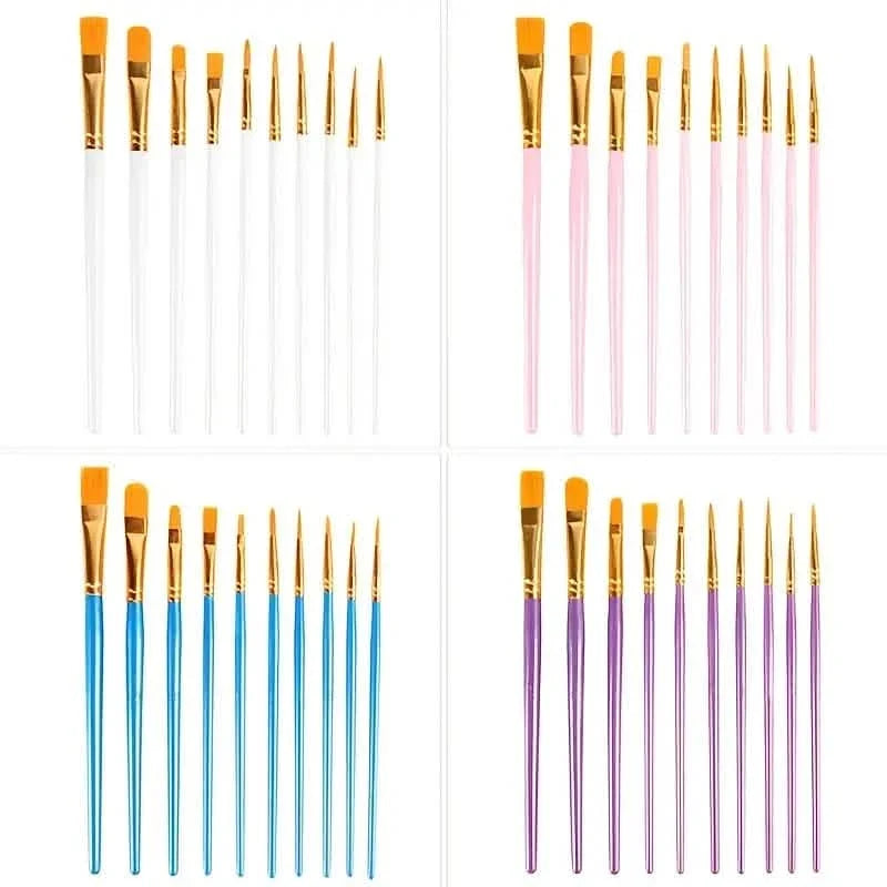 10-Pieces: Artist Paintbrush Nylon Round Pointed Flat Head Set