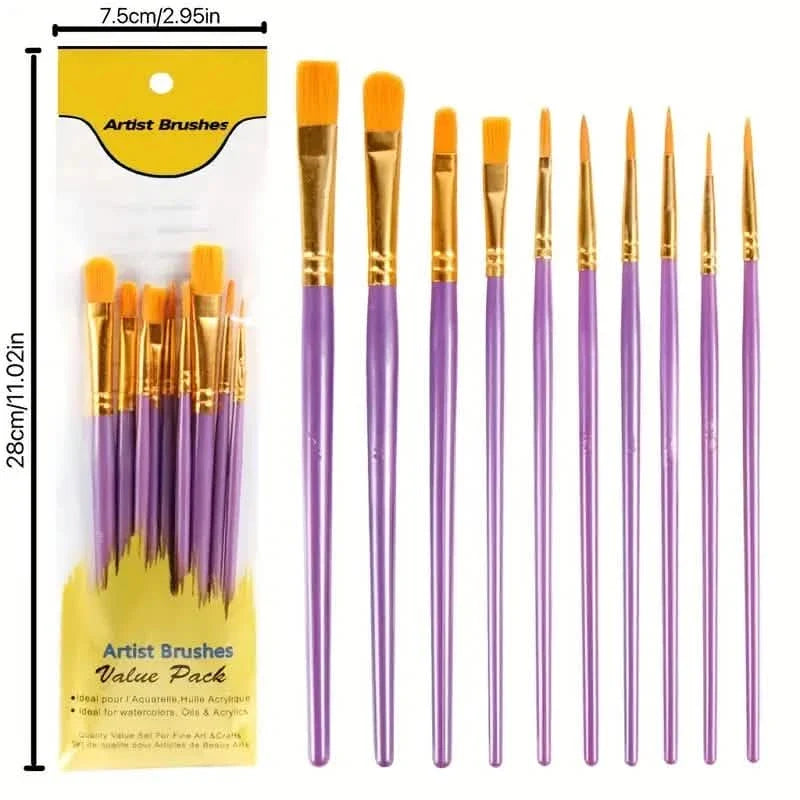 10-Pieces: Artist Paintbrush Nylon Round Pointed Flat Head Set