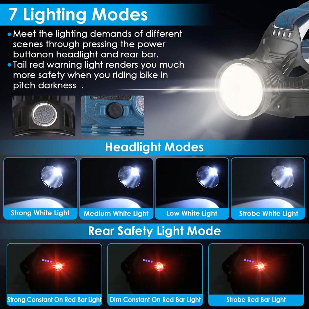100000LM LED 7 Lighting  Modes Rechargeable Headlights