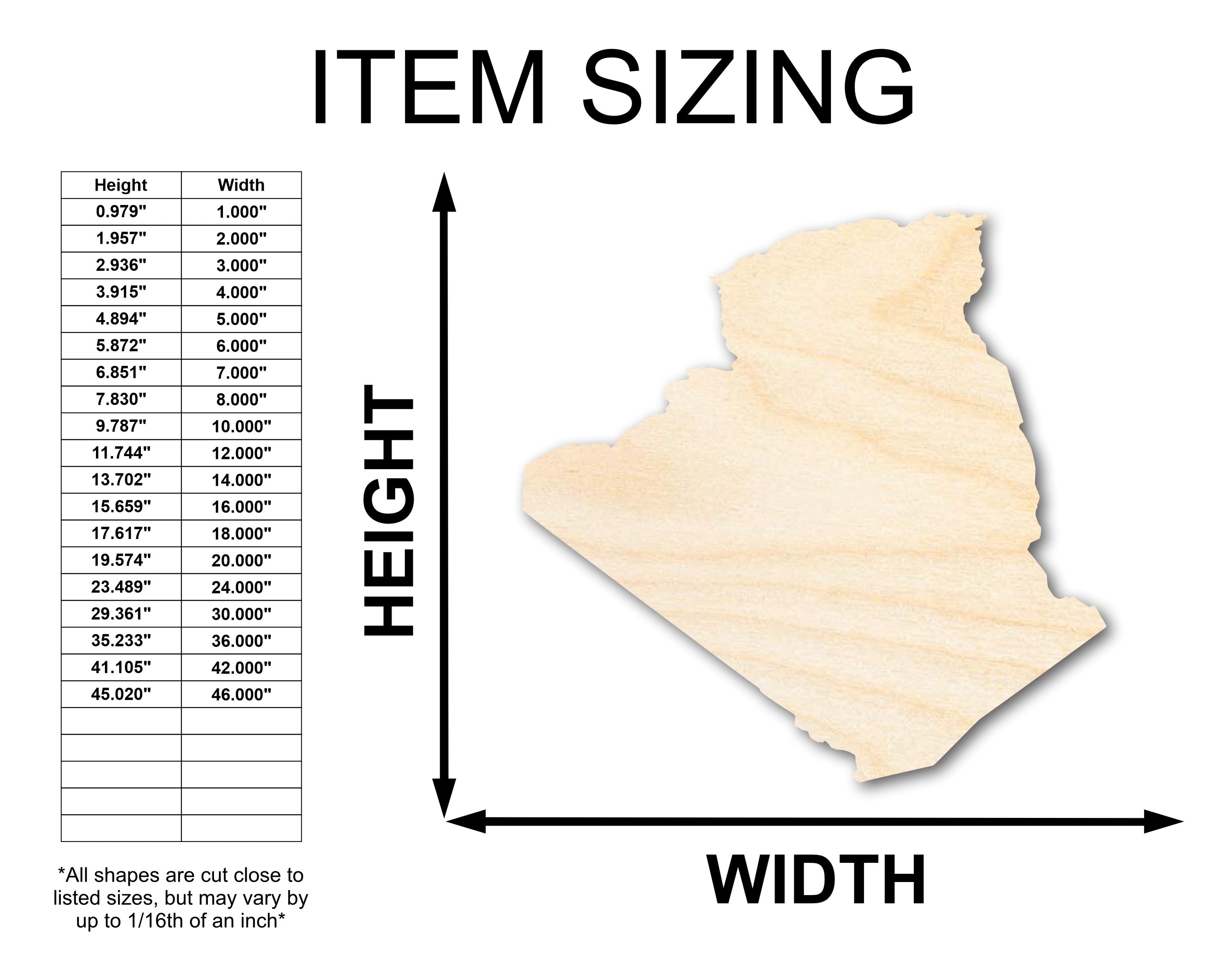 Unfinished Wood Algeria Silhouette Shape - Craft - up to 46"