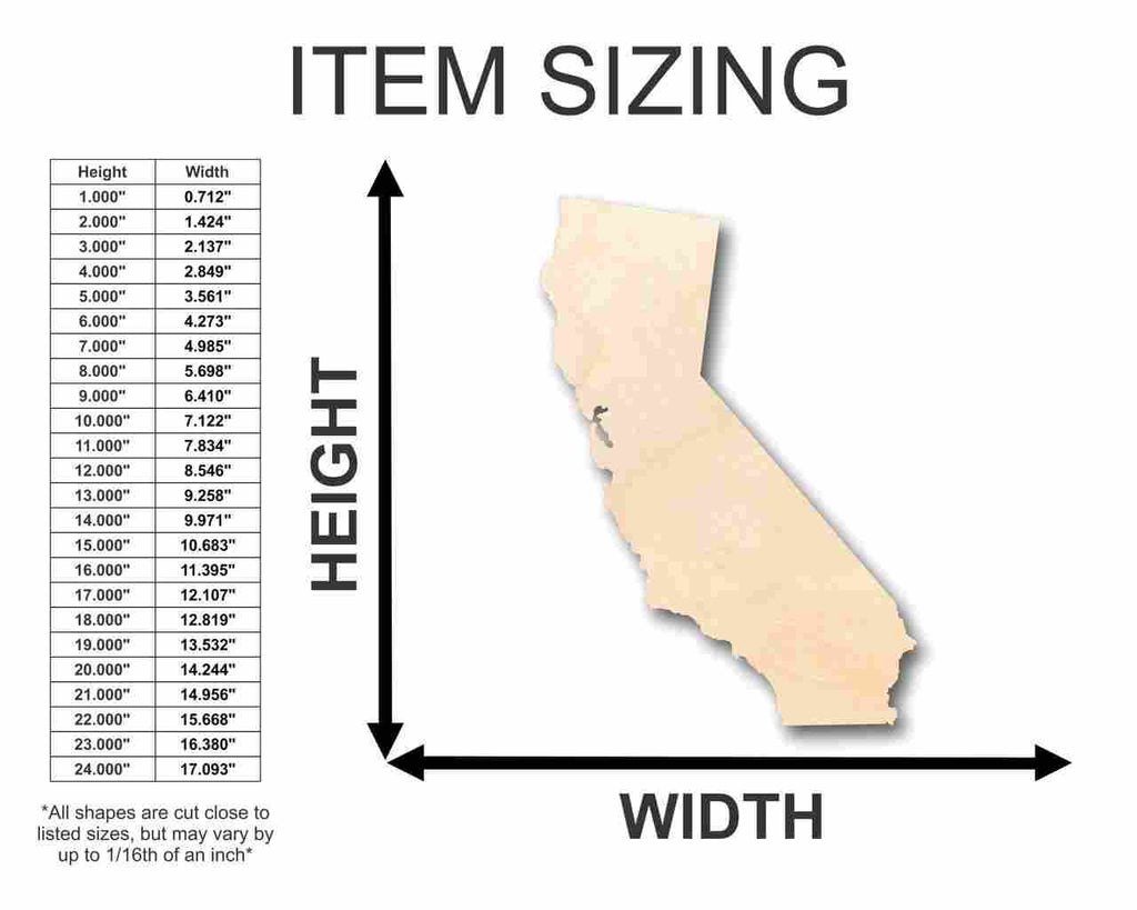 Unfinished Wood California Shape - State - Craft - up to 46" DIY