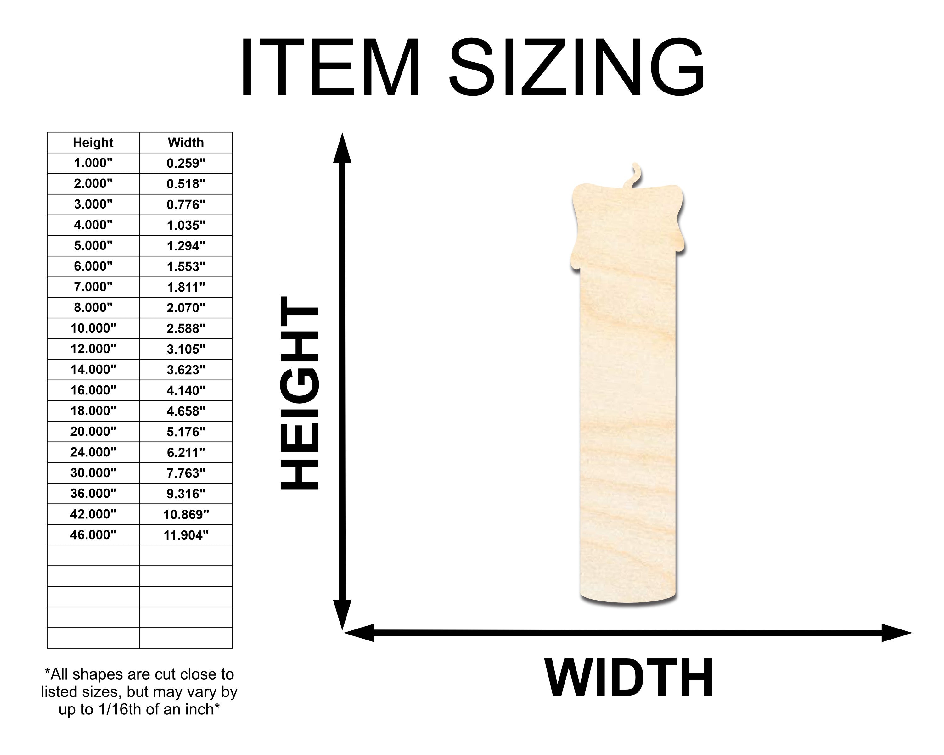 Unfinished Wood Candle Shape - Craft - up to 46"