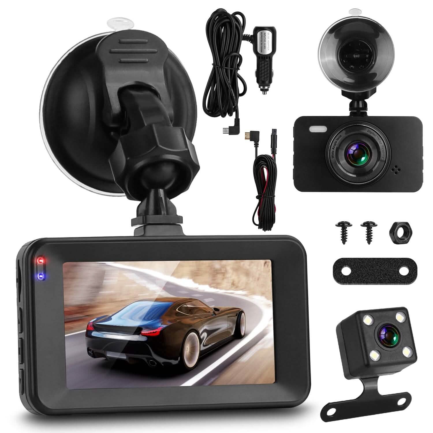 1080P Dual Dash Cam 3" Screen with Front and Rear Camera G-Sensor Motion Night Vision Loop Recording