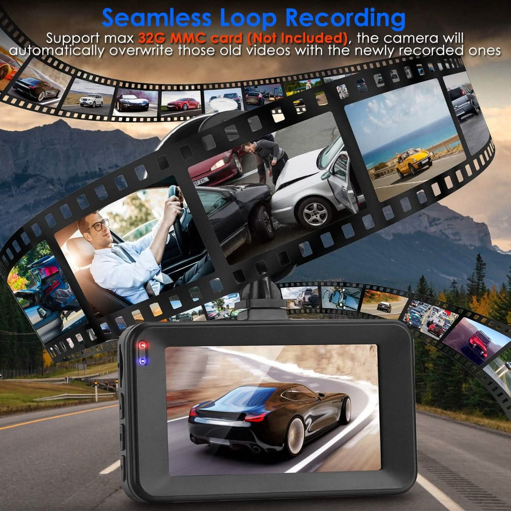 1080P Dual Dash Cam 3" Screen with Front and Rear Camera G-Sensor Motion Night Vision Loop Recording