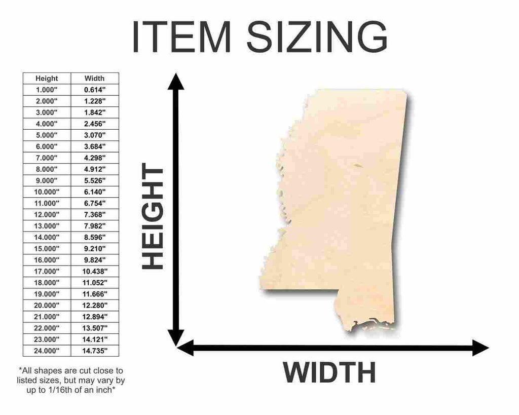 Unfinished Wood Mississippi Shape - State - Craft - up to 46" DIY