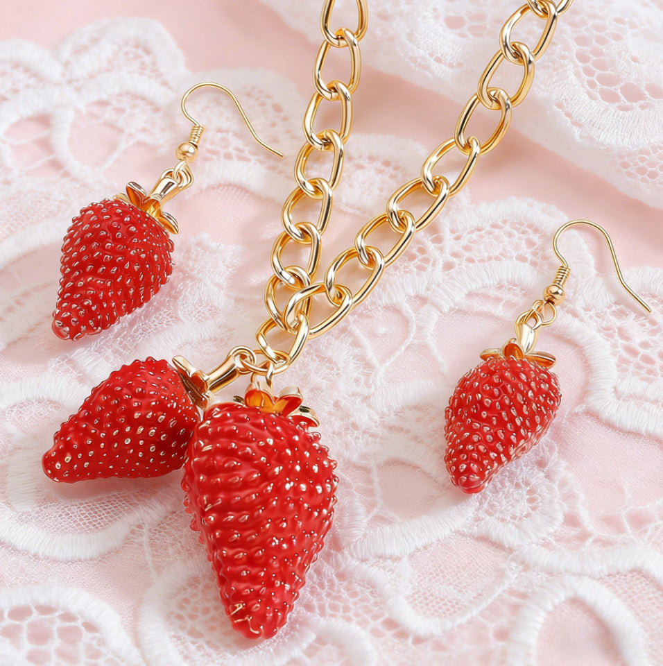Sweet Strawberry Pendant Necklace Women Cute Exaggerated Fruit Earrings