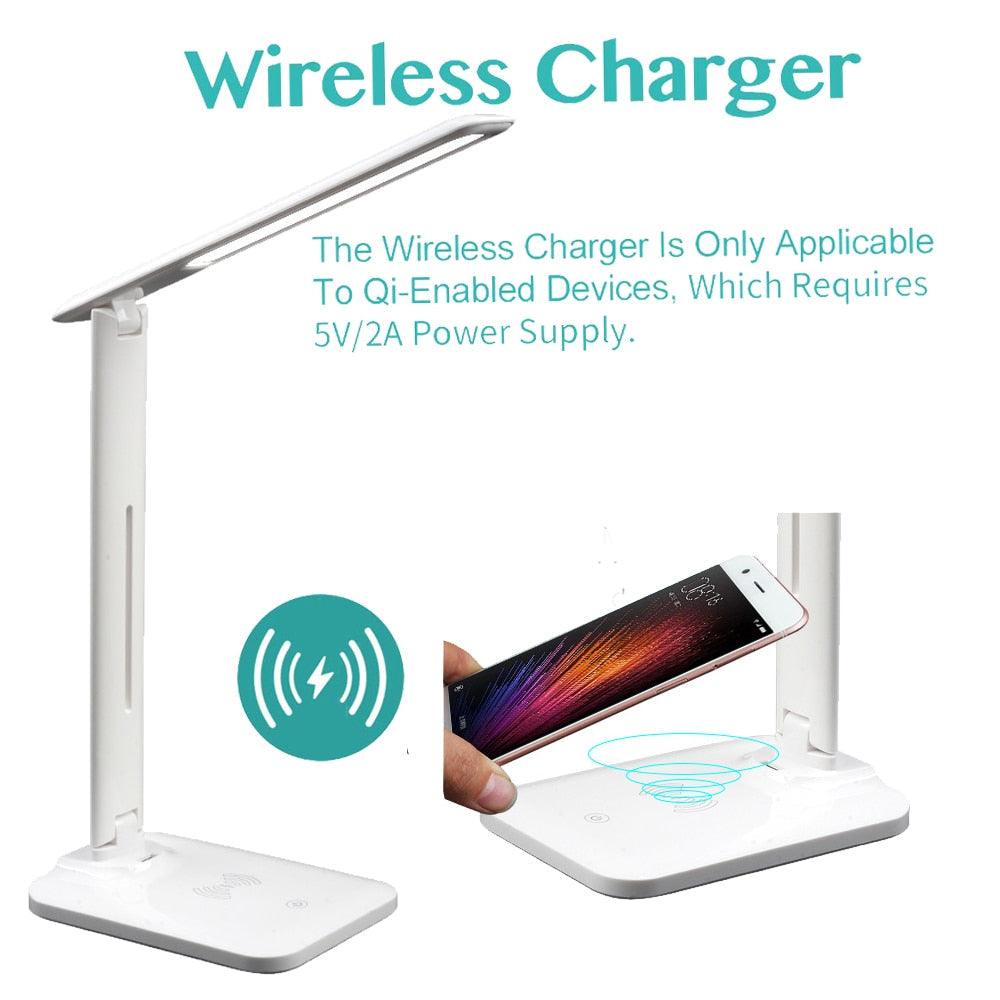 10W LED Desk Lamp with phone Wireless Charger, USB Charging Port, Dimmable Eye-Caring Office Lamp for Work,  Folding Design Decorative Table Lamp Cute Study Lamps for Bedroom Décor