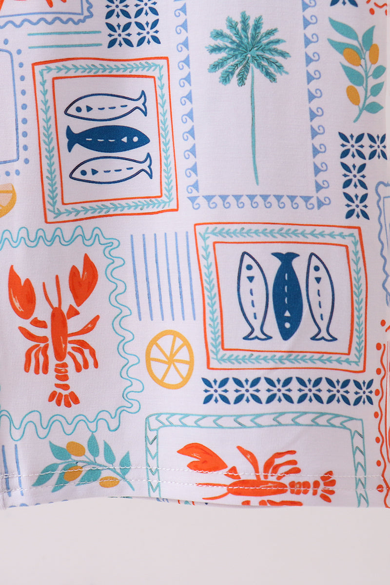 Coconut trees lobsters print bamboo jumpsuit