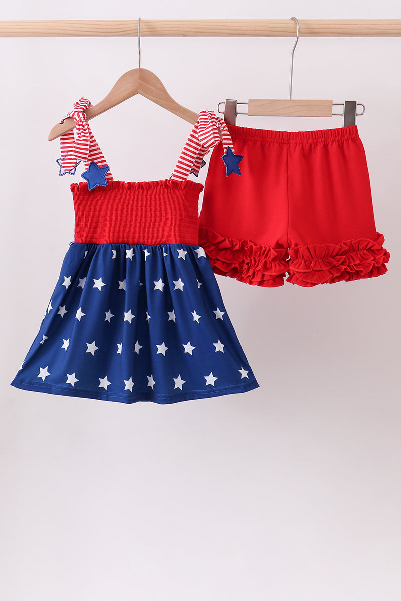 Blue star smocked ruffle shorts set