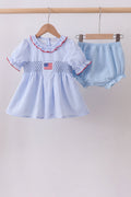 Blue flag smocked ruffle bloomer set
