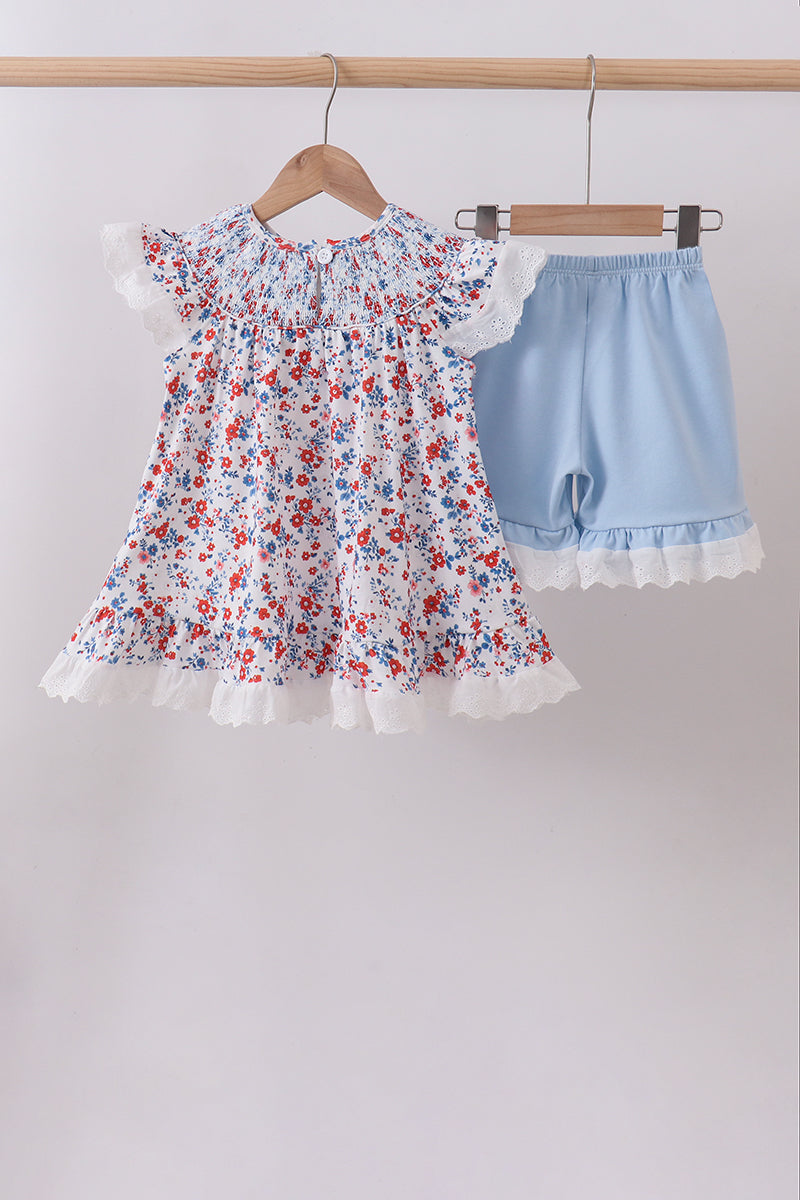 Blue floral lace smocked shorts set