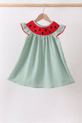 Green Watermelon Stripe Smocked Embroidered Seersucker Dress
