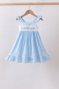 Blue Bow Smocked Embroidered Jacquard Dress
