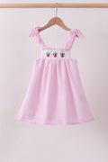 Pink stripe seersucker strawberry smocked dress