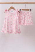 Pink bow print scalloped ruffle shorts set