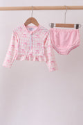 Pink bow print ruffle zipper 2pc swimsuit