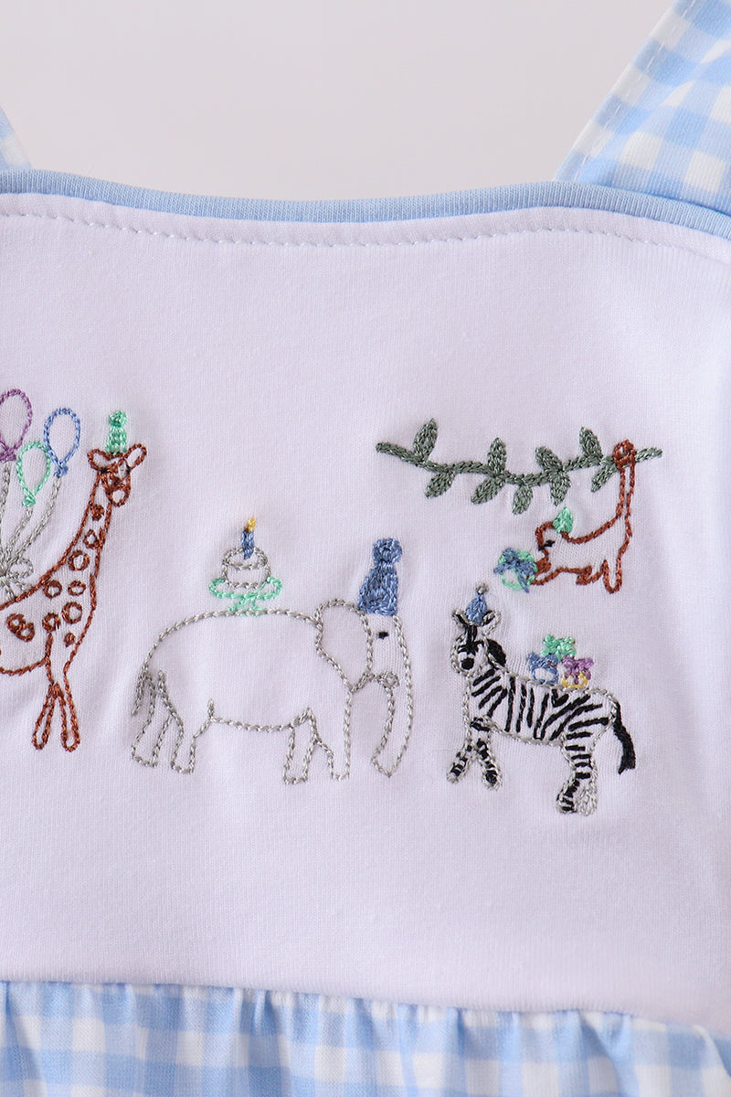 Blue Gingham Animal Embroidered Bubble