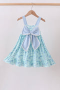 Blue beach print bow ruffle dress