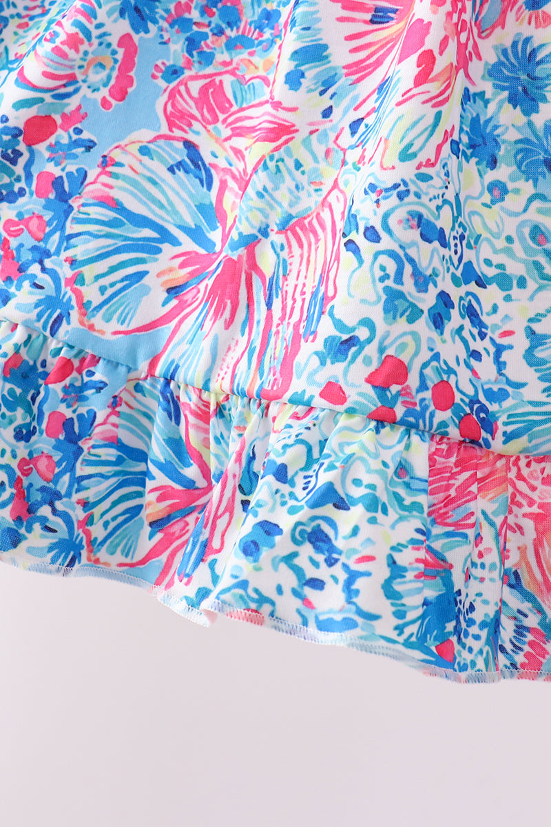 Pink tropical floral print ruffle shorts set