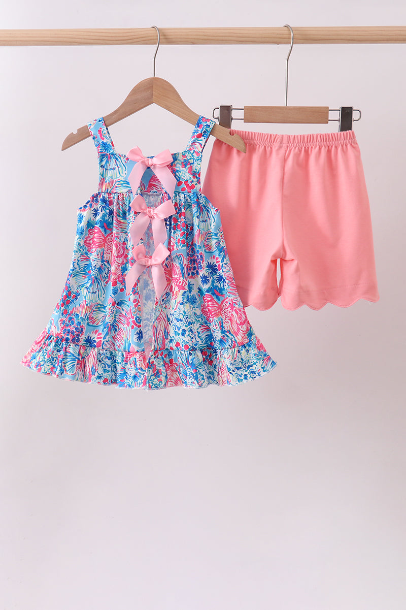 Pink tropical floral print ruffle shorts set