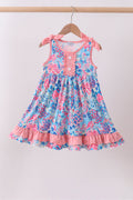 Pink tropical floral print ruffle dress