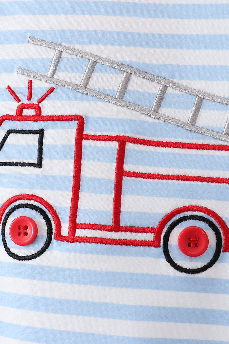 Blue Fire Engine Stripe Embroidered Set