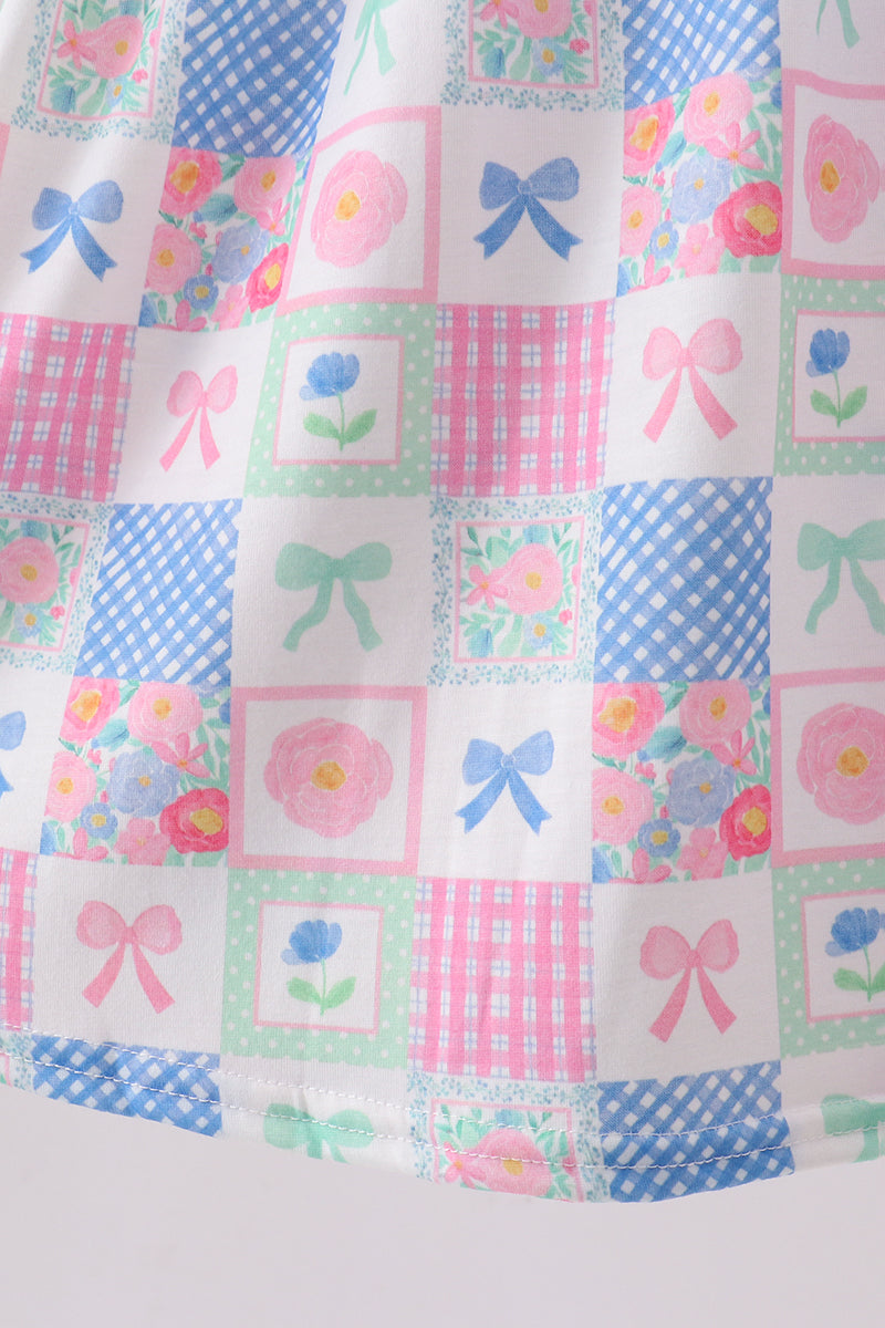 Green Bow Embroidered Checkered Dress