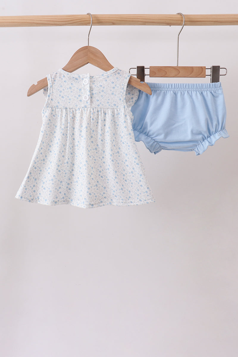 Blue Floral Embroidered Bloomer Set