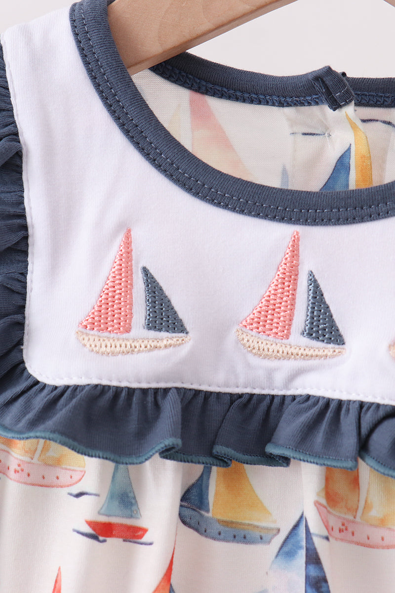 Blue Sailboat Embroidered Ruffle Bubble