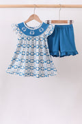 Blue Crab Embroidered Checkered Ruffle Shorts Set